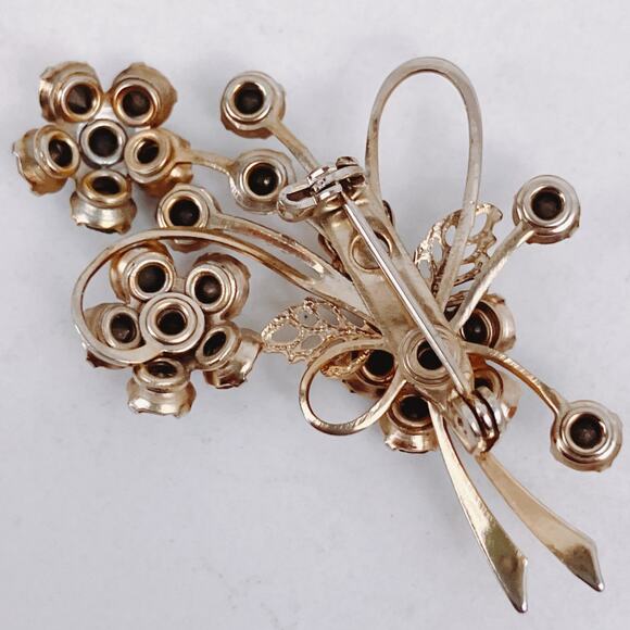VTG Mid Century Gold Tone Aurora Borealis Rhinestone Floral Brooch Pin 50s 60s - Picture 9 of 9